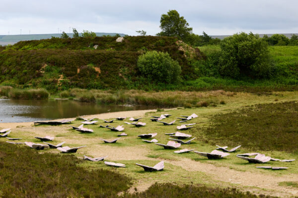 Curving path lined with scattered pink marble butterfly sculptures near a calm pond, set against dense greenery and a hill topped with shrubs and trees under cloudy skies.