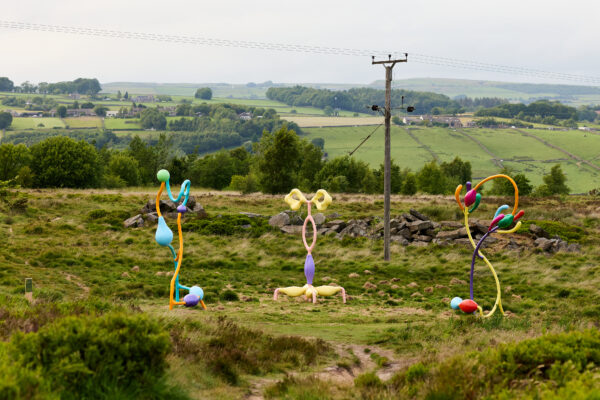 Three abstract sculptures in pastel and bright colours, featuring looping, organic forms and bulb-like shapes, displayed in grassy moorland with stone walls and distant farmland in the background.