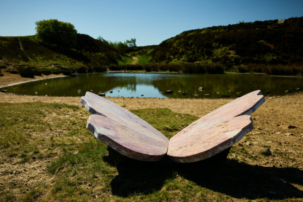 Pink marble butterfly sculpture positioned beside a calm pond, with its open wings facing outward against a backdrop of grassy hills and bright blue sky.