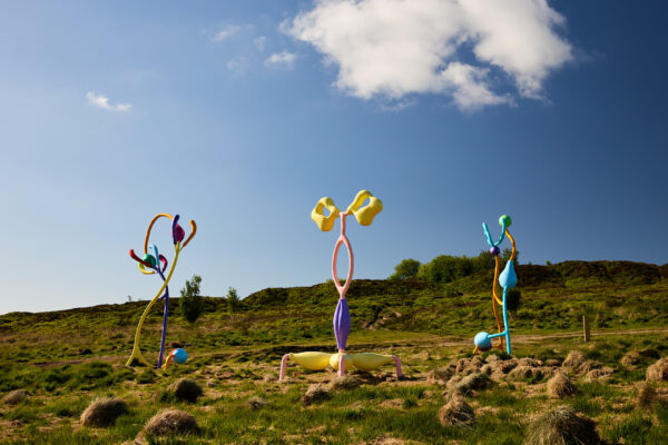 Three colourful, abstract sculptures featuring looping and bulbous forms stand on a grassy landscape under a bright blue sky, their playful shapes resembling oversized botanical structures.